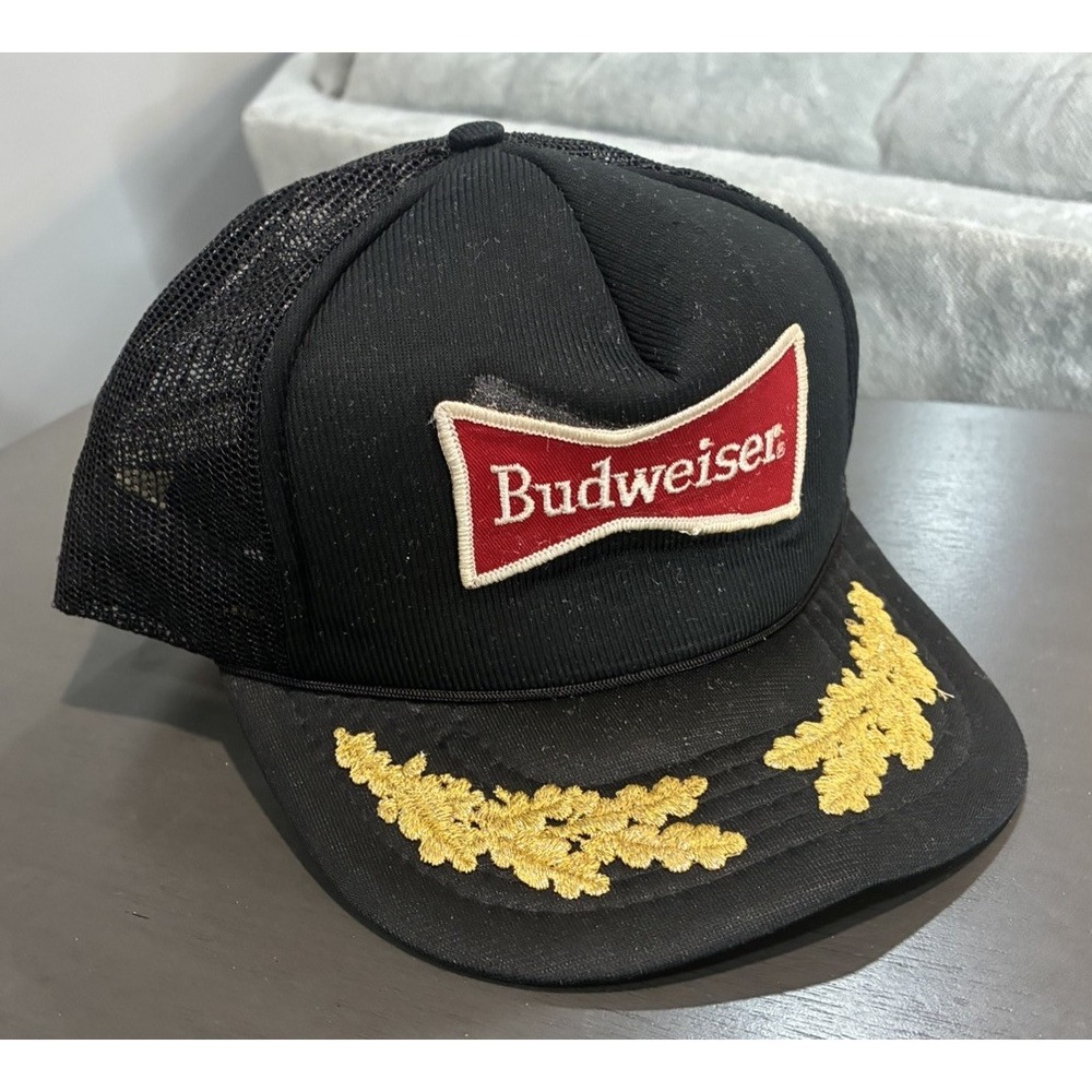 Vtg Budweiser SnapBack Trucker Hat Black Red Gold Leaf